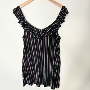 Torrid Super Soft V-Neck Ruffle Tank Black Purple Striped Women Size 1X